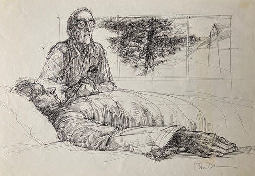 October Light hand-drawn illustration1 of a doctor watching over his patient, signed by Don Bolognese.