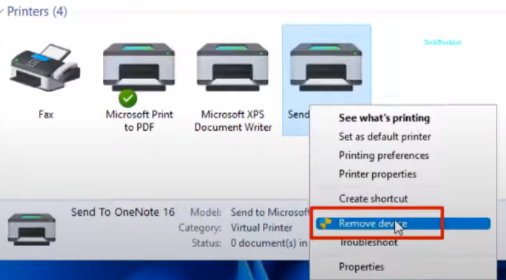 Click on Remove device after selecting the printer