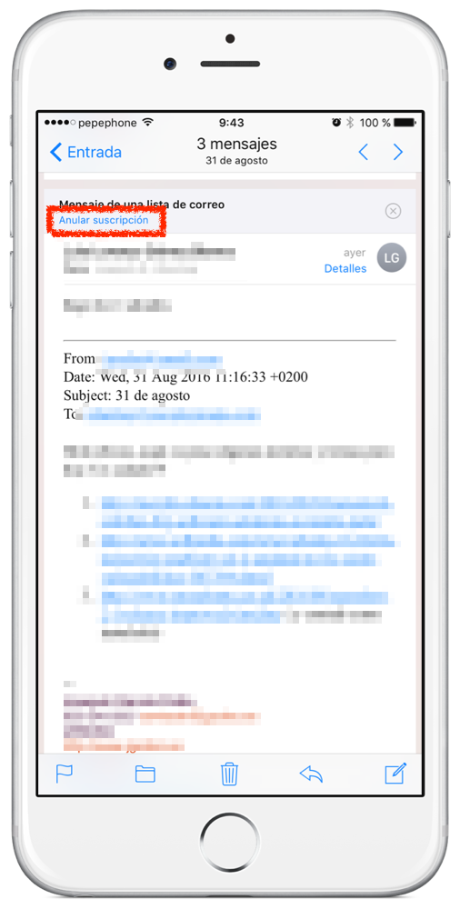 anular suscripción Mail iOS 10