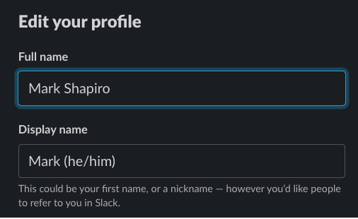 Slack profile edit showing how to type pronouns into the display name field