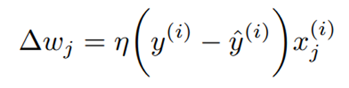 The delta is calculated by subtracting from the correct value of y, the value estimated by the perceptron and multiplying by the learning rate and the current x value