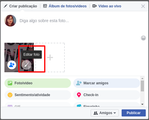 Caixa de postagem “Criar publicação” no Facebook onde foi inserida uma foto e está destacado o botão “Editar foto”.