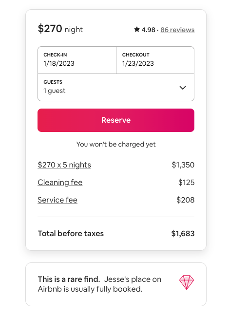 Airbnb price per night, breaks down price per night, cleaning fee, and service fee. There is a red reserve button