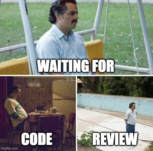 This is a meme from the Narcos TV show. It shows Pablo Escobar waiting in three different places with no expression on his face and a text that shows: “Waiting for code review”.