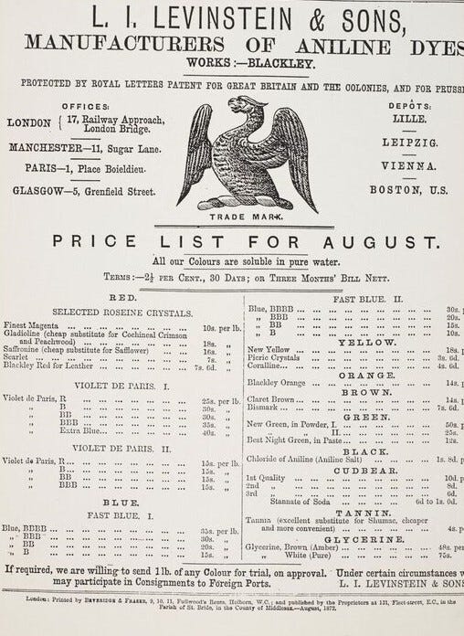 Printed page from Levinstein & Sons titled Price List for August, listing the prices of multiple colours, and featuring an illustrated eagle as a trade mark.