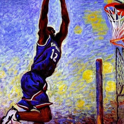 An IA generated image of a basketball player dunking in the style of painter Claude Monet