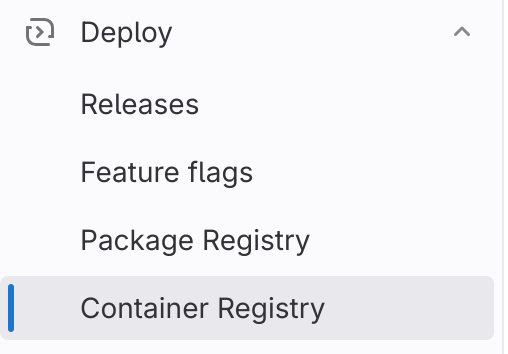 Showing submenues of “Deploy” menu in Gitlab project. One sub-menue is “Container Registry”