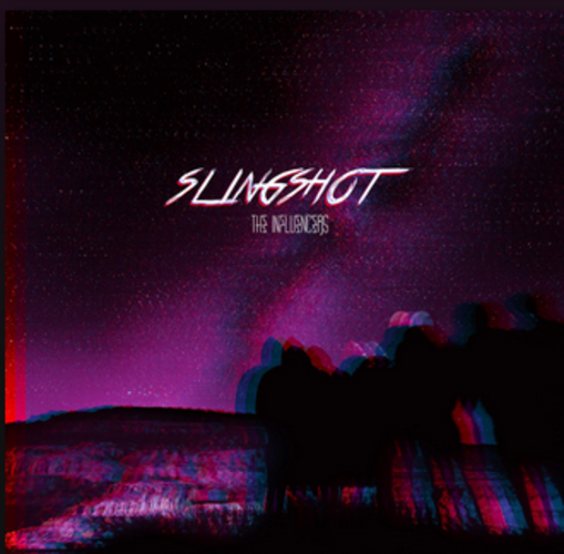 The Influencers “Slingshot” single cover art; silhoutte image of two or three people with a corrupted filter, single title and band name in thin white text top center