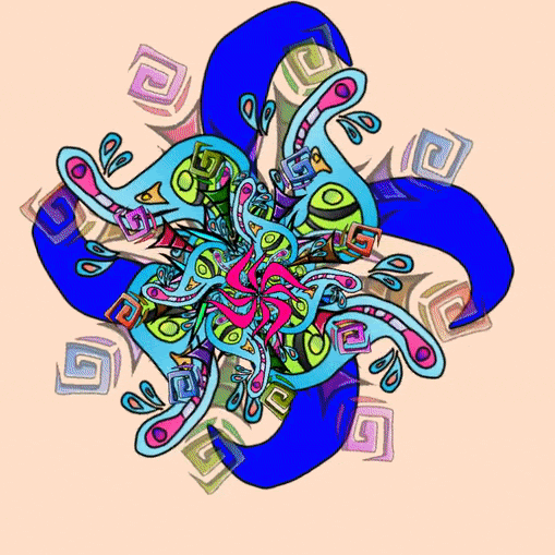 An animated GIF showing the multiplied version of the second image, now rotating and changing color. This image is layered with other symmetrical abstract illustrations.
