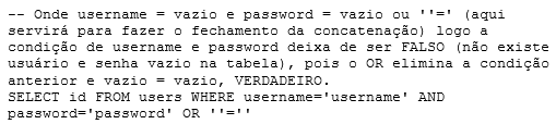 Onde username = vazio e password = vazio ou ‘’=’ (aqui servirá para fazer o fechamento da concatenação) logo a condição de username e password deixa de ser FALSO (não existe usuário e senha vazio na tabela), pois o OR elimina a condição anterior e vazio = vazio, VERDADEIRO.
 SELECT id FROM users WHERE username=’username’ AND password=’password’ OR ‘’=’’