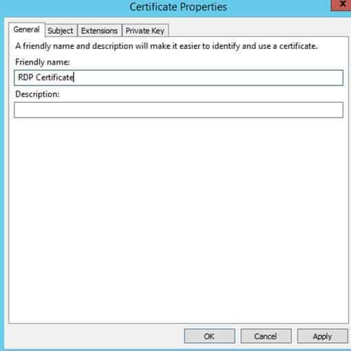 An image to customize the certificate request, beginning with the friendly name under the General tab