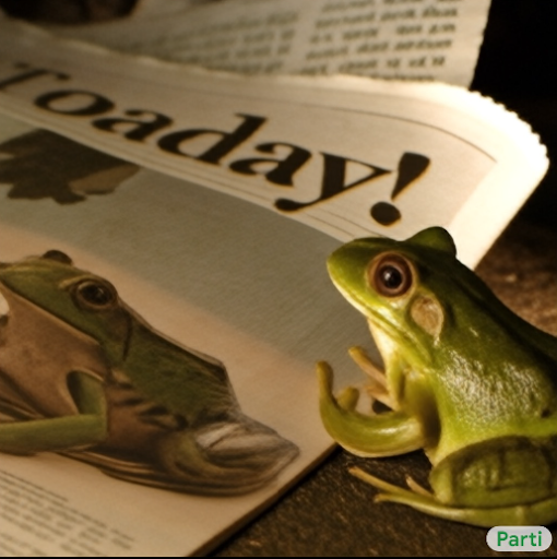 ‘A photo of a frog reading the newspaper named “Toaday” written on it. There is a frog printed on the newspaper too’ (Parti)