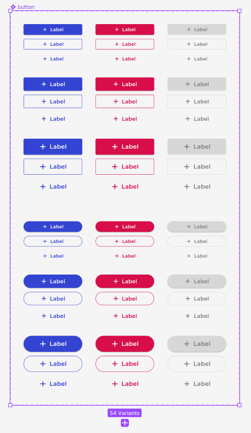 54 variants of a button component. The image is divided in rows and columns: the first column shows the primary (blue); the second column shows the danger (red) and the third one shows the disabled (grey). The first three rows show the contained style button, then the outlined and lastly the text style, all in the small version. Rows 4 to 6 and 7 to 9 show the same but for the medium and large buttons respectively. Rows 10 to 18 repeats the same logic but for the rounded variety.