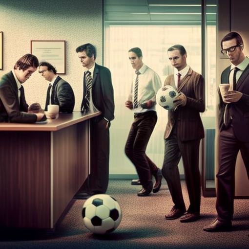 An AI created image of office workers playing football. It’s the worst thing I’ve ever seen.