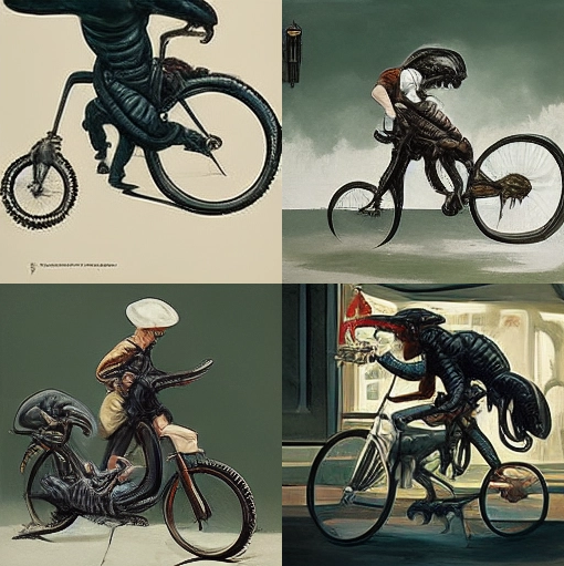 a xenomorph riding a bicycle as if painted by Norman Rockwell