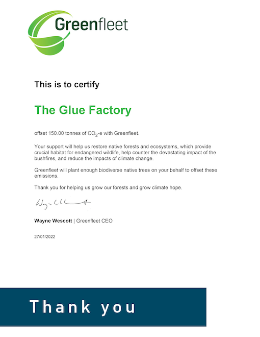 Certification of the 150 tonnes of CO2 offset with Greenfleet.