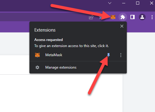MetaMask pinned to the Chrome extension toolbar
