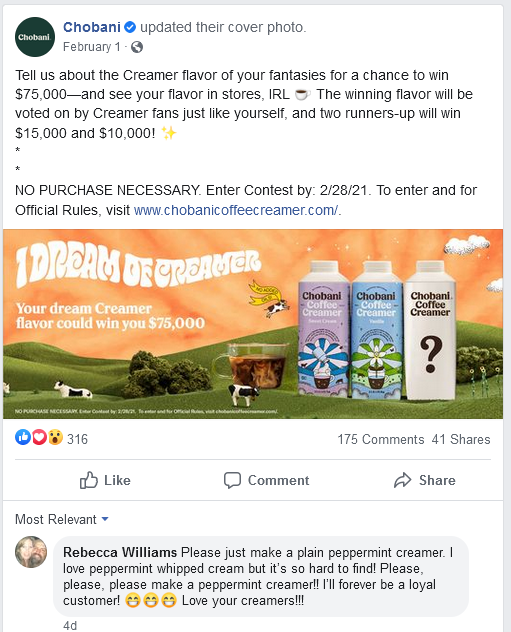 Chobani Facebook post asking followers to share their Chobani creamer flavor fantasies, winner is awarded $75k