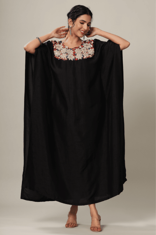 Black Silk Kaftaan With Zardozi Embroidery