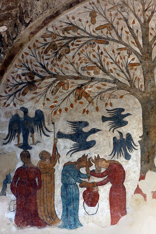 Women fighting over penises on a tree, c. 13th century.