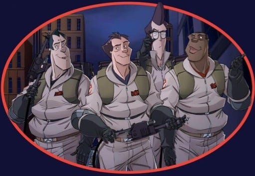 An image from IDW’s ongoing Ghostbusters comic showing the main characters recreating a pose from the title credits of The Real Ghostbusters cartoon.