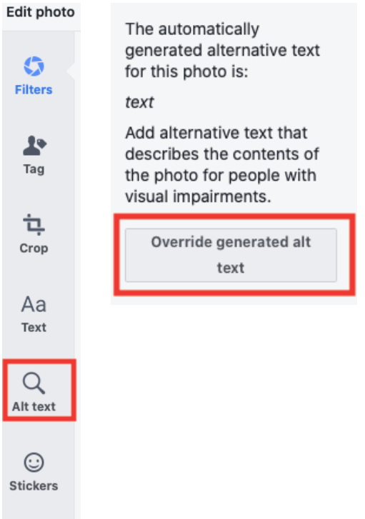 Screenshots of Facebook’s photo editing menu, highlighting the ‘Alt text’ option, and ‘Override generated alt text’ option.