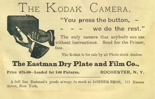 An ad for The Kodak Camera, a revolutionary breakthrough allowing anyone to take photos and have them developed by Kodak.
