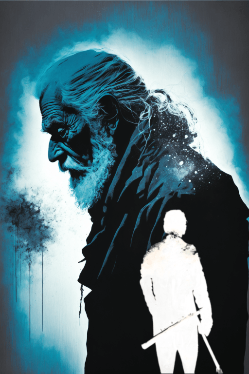 Book Cover — Ankit, the old man, and the Greatwolves — A figure holding a club stands in silhouette in front of an elderly man.