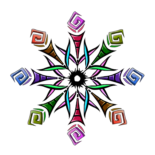 An abstract symmetrical design with eight illustrated spokes. Atop each spoke is the first image, now appearing almost to be a flower, with the spoke resembling a stem. The illustration has colored leaf shapes coming out of the bottom of each spoke. One section retains the original image’s purple color, and there are three new colors, green, pink, and orange. Each of these colors repeat once across from each other on the symmetrical image.