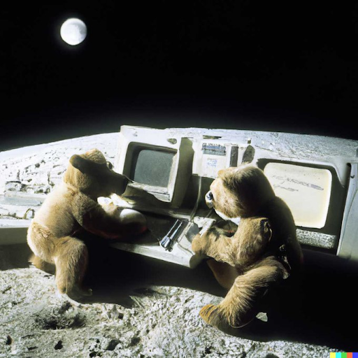 ‘Teddy bears working on new AI research on the moon in the 1980s’ (DALL-E 2)