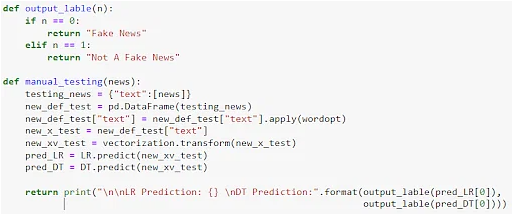 A snippet shows the code for verifying fake news.