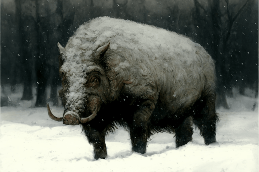 A very large, old pig, or Tuskhog, with large tusks protrudin from the mouth and curling up around the nose. Thick, scruffy white fur sets off against the crisp white snow.