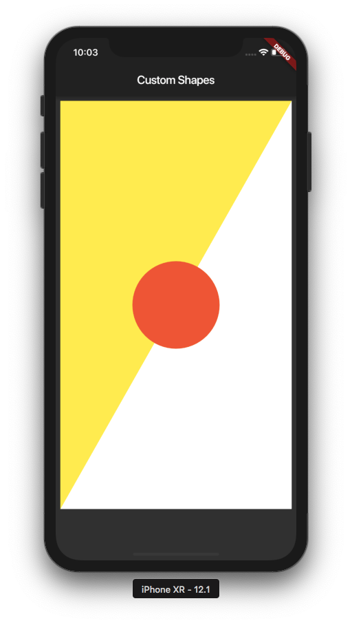 Final app with a white rectangular background and yellow triangle path and an orange circle on top all of which drawn on the canvas.