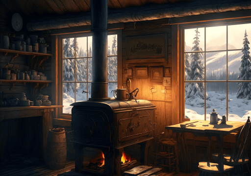 An old wooden cabin, set in an alpine forest. The wood stove is burning, and the sunlight is streaming in through two large windows, looking into a clearing.