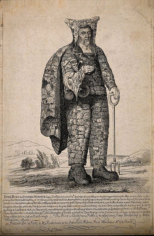 An etching of a man standing in a field, wearing leather-patchwork clothing (including cape and hat), holding a rake.