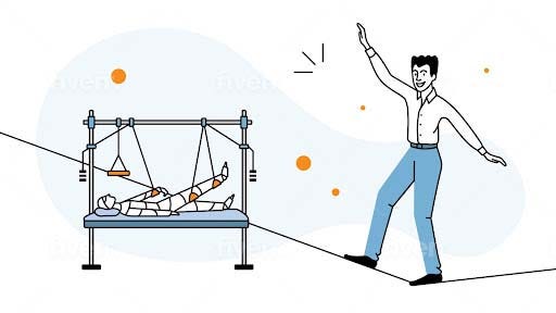 An illustration of a man on a tightrope and an injured person on a hostpital bed.