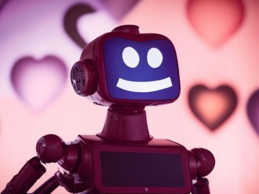 a robot with a smiling face and hearts in the background