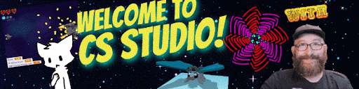 An animated google classroom banner that says “Welcome to CS Studio!” The banner is filled with examples of student work, in Scratch game-making, animation, motion graphics and 3D. There is also an animation of Shawn Patrick pointing at the camera and smiling on the bottom right of the banner.