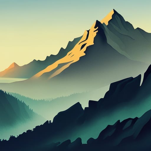AI-generated stylized painting of a mountain range at sunset.
