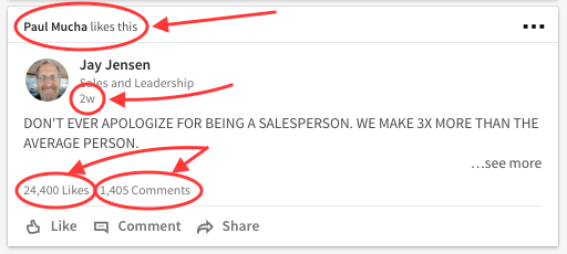 Screenshot of a LinkedIn post that is two weeks old but still showing up in news feed