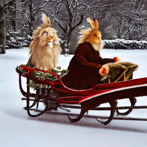 Surreal image of rabbits with manes and coats riding a sleigh through the snow