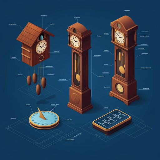 several clocks on a blueprint-like background