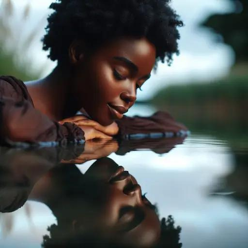 Reflective and introspective image of a black woman looking at her reflection in water, symbolizing alignment, discernment and personal growth.