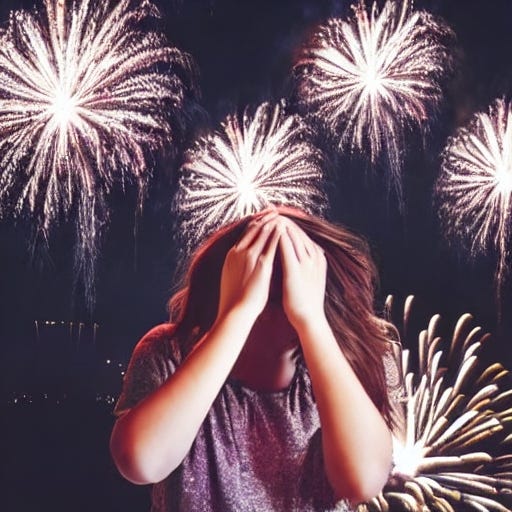 A nondescript person shielding their head with fireworks in the background. AI generated.