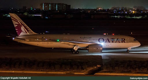 Qatar airways at Karachi airport (image obtained from historyofpia.com)