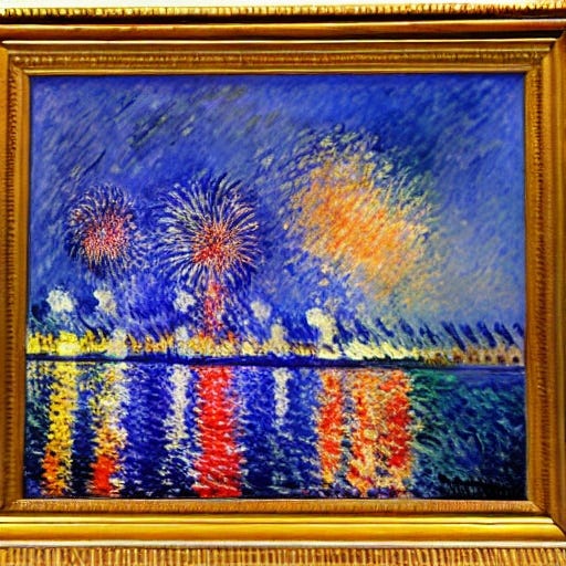 An impressionist painting of fireworks over a city skyline. AI generated.
