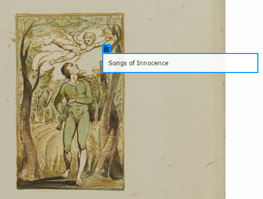 Page with colour William Blake image, with a pop up text box saying ‘Songs of Innocence.’