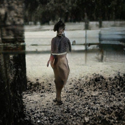 An ambiguous and smudged image of a woman near a lake