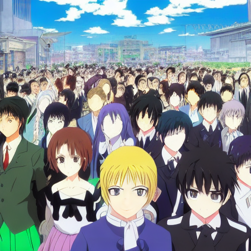 An anime style image of large crowd of people heading towards the viewer.