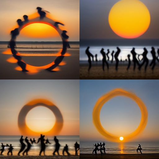 a crowd of people at the beach dancing in a circle during a sunrise